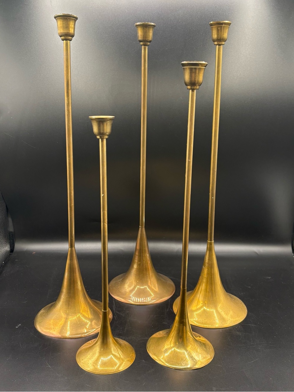 Vintage Candlesticks Brass India Tall Tulip Trumpet Base MCM Minimalist Set of 5